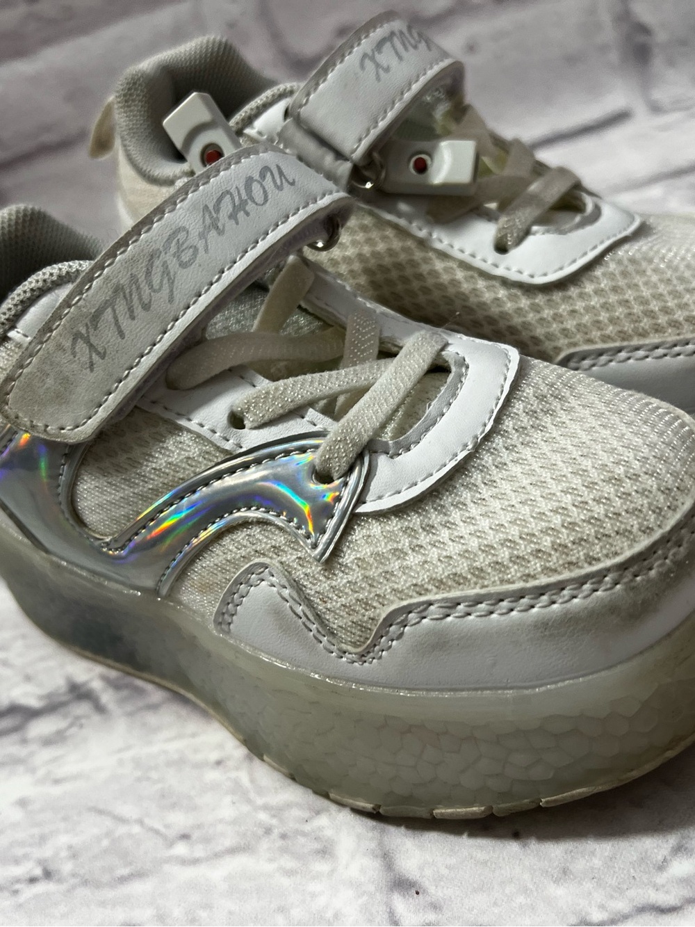 Kids White Sneakers with Holographic Accent and Hook-and-Loop Strap